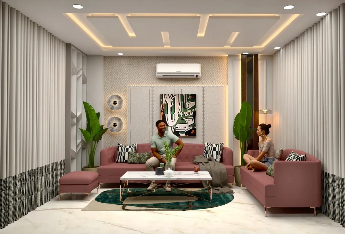 Render of a living room with dusty-pink sofas around a marble coffee table on a round teal rug