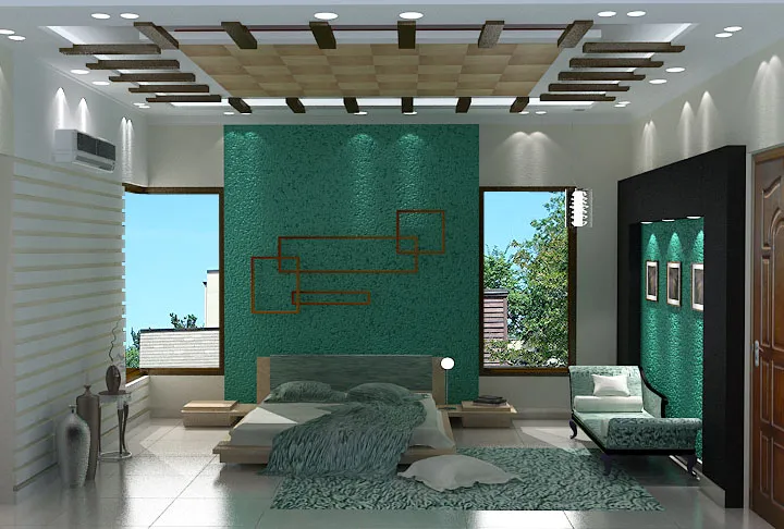 Render of a master bedroom with a textured emerald accent wall behind the headboard, a wood-batten false ceiling, and a matching upholstered chaise lounger.