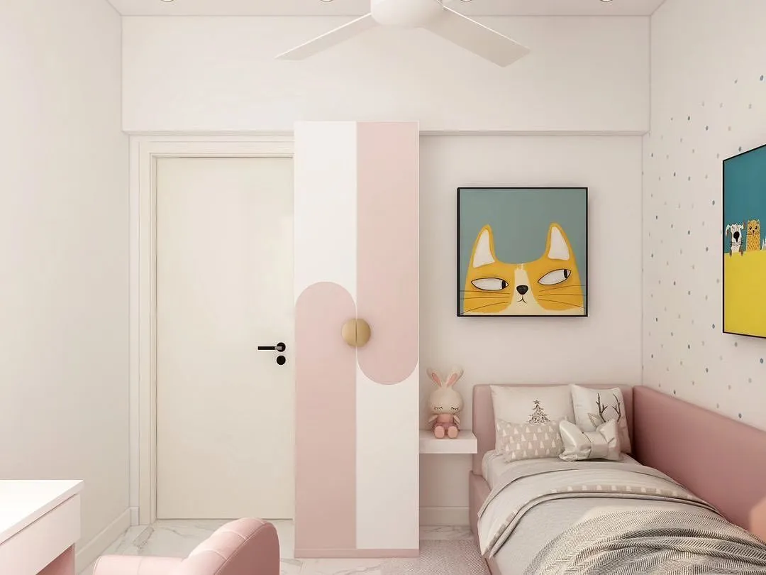 Render of a girl's room in blush and cream: a curved colour-block wardrobe with a single brass knob