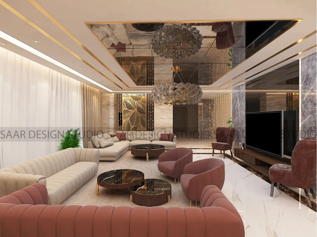 Render of a luxury living room with dusty-rose channel-tufted sofas and armchairs, round black-marble nesting coffee tables, a mirrored gold-trimmed ceiling