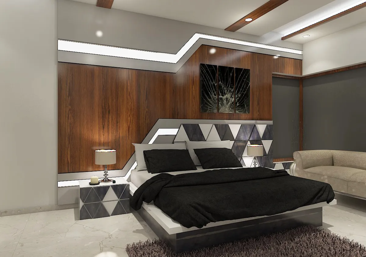 Render of a bedroom with a teak veneer bed wall, a faceted grey-and-white triangular headboard panel that repeats on the bedside cabinets