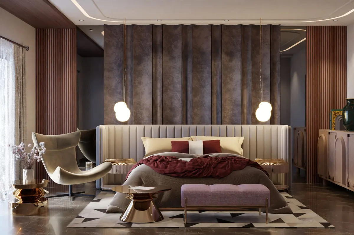 Render of a bedroom where a channel-tufted curved headboard stands against tall bronze leather-look wall bays flanked by fluted wood battens