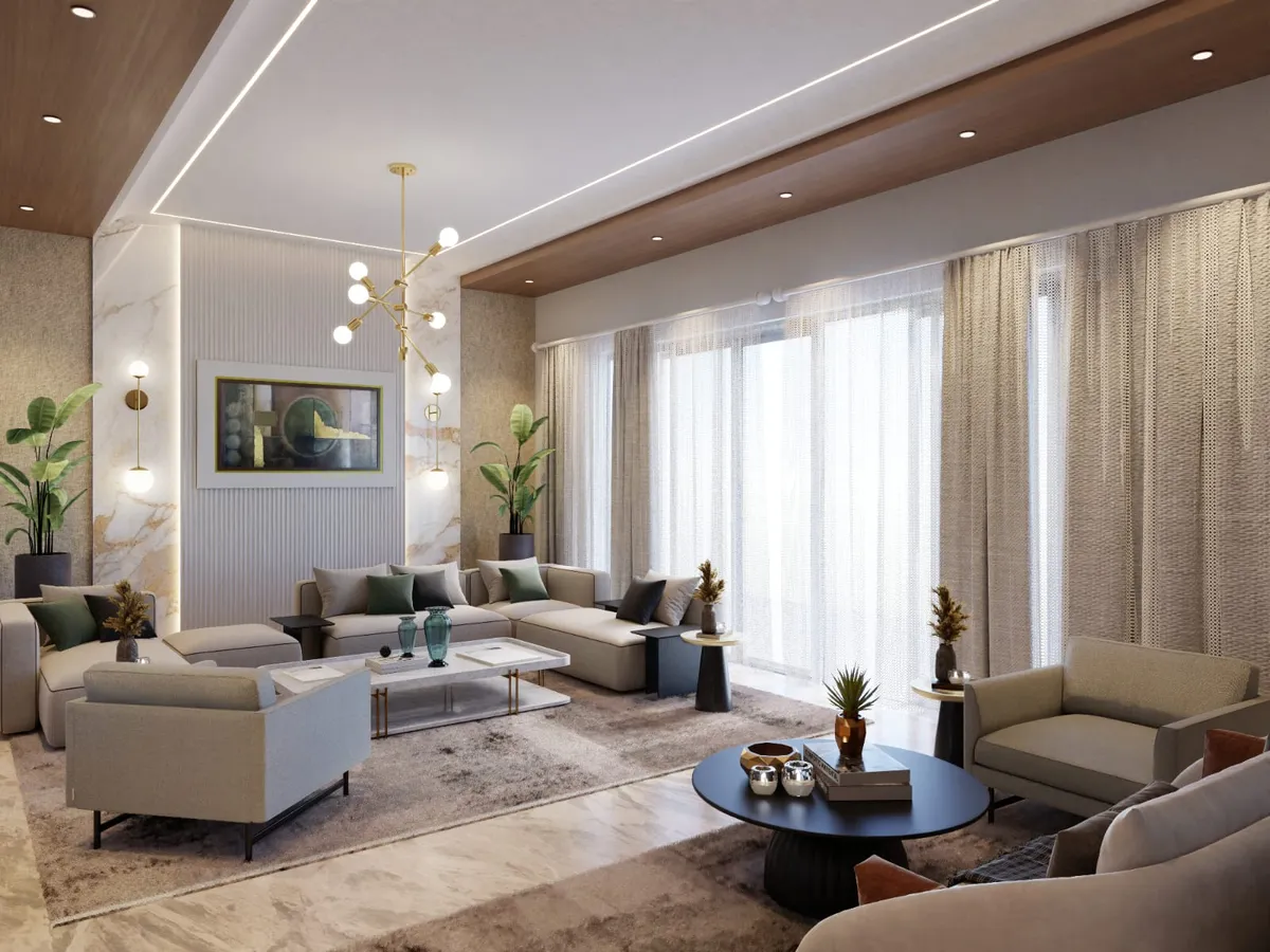 Render of a wide living room with two beige seating clusters under a brass sputnik chandelier, a marble-and-fluted feature wall behind