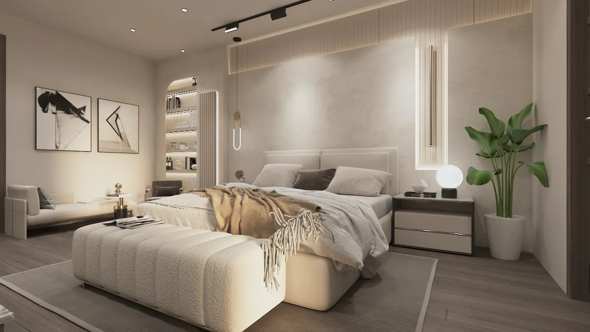 Render of a greige bedroom with a boucle channel bench across the bed foot, a slim capsule pendant beside the pillows