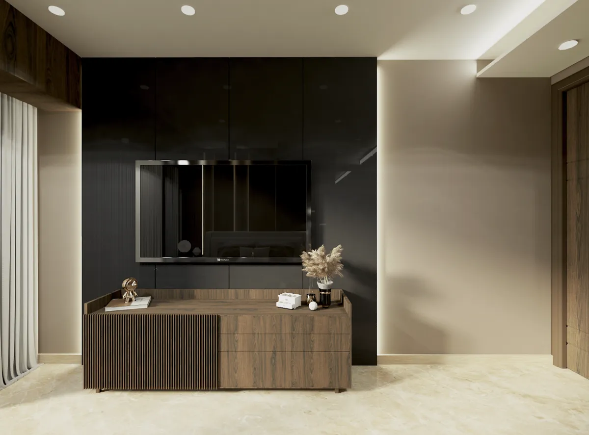 Render of a living room feature wall in high-gloss black panelling with a wall-mounted TV