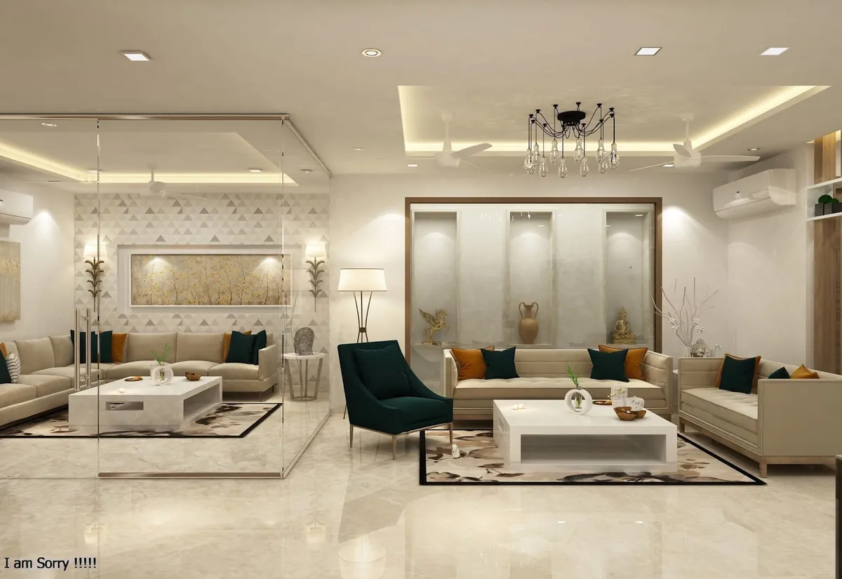 Render of a beige living room with a full-height mirror-clad partition on one side, a backlit triple-niche wall holding brass artefacts