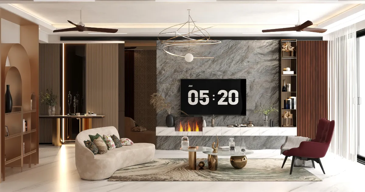 Render of a wide living room where a grey marble slab wall carries the TV over a linear flame fireplace, faced by a curved cream sofa