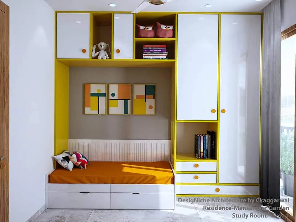 Render of a kids' bedroom with a mustard-yellow storage daybed, a matching yellow-and-white built-in wardrobe and open shelving