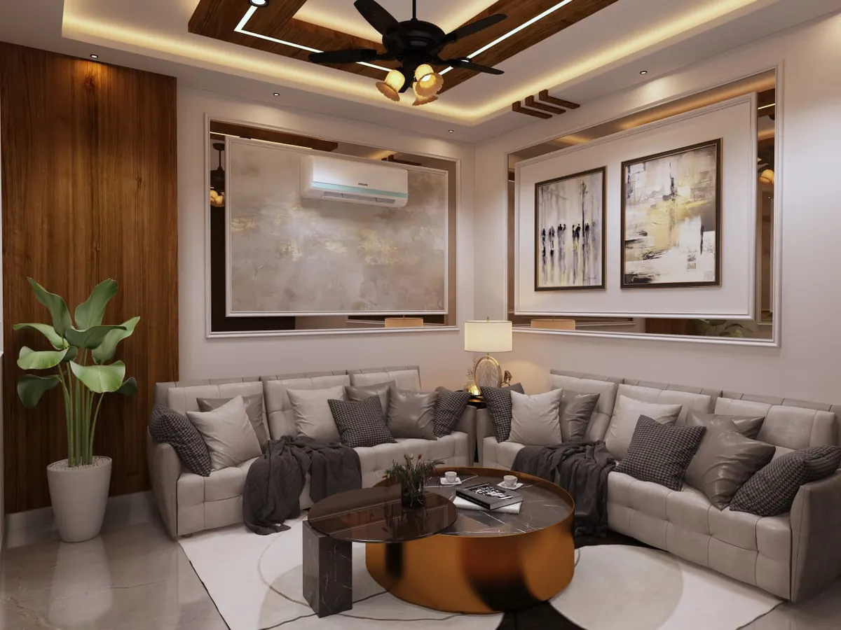 Render of a compact living room where an L-shaped ivory leather sofa wraps a copper-drum and black-marble coffee table