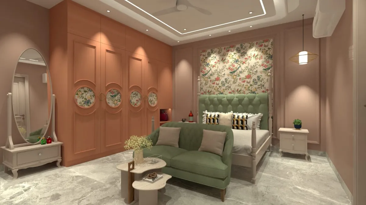 Render of a bedroom with a tufted sage-green upholstered bed against a floral wallpaper alcove