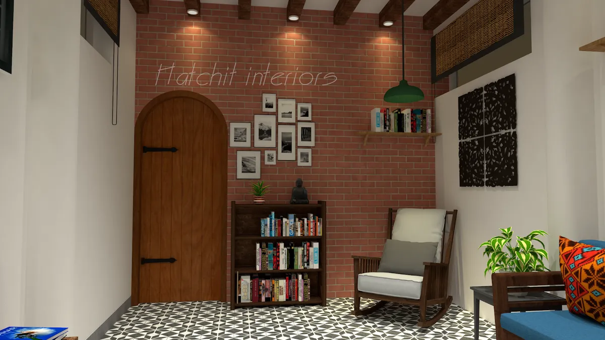 Render of a cozy reading nook with an exposed brick wall, arched wood door, gallery wall of framed photos, a wood bookshelf
