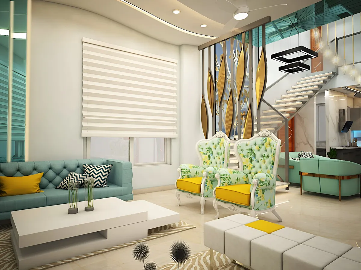 Render of a duplex living room with a turquoise tufted sofa, two floral-upholstered French armchairs with yellow seats