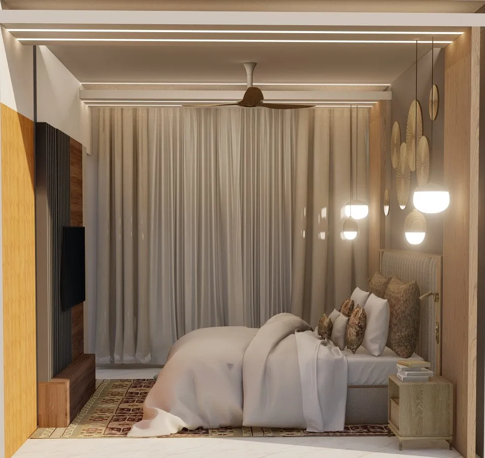 Cutaway render of a bedroom looked into from over the wall - greige sheers drawn across the entire back wall
