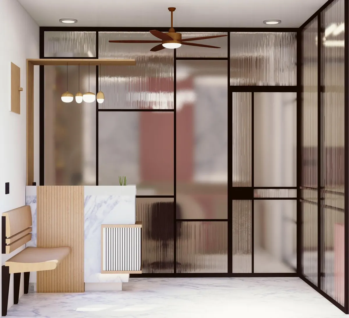 Render of an entry foyer screened off by a black steel-section partition glazed in reeded glass, with an oak-slat bench and marble-topped console inside it