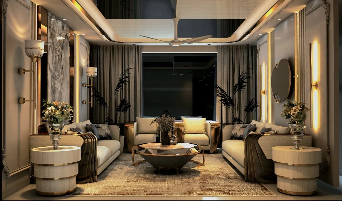 Render of a symmetric luxury living room with cream sofas facing a round brass-trimmed coffee table, a marble wall panel, gold wall sconces and a round mirror.