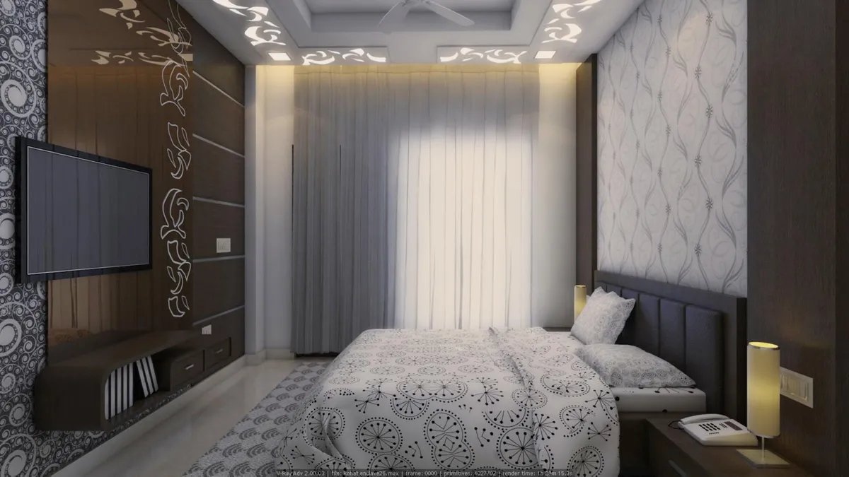 Render of a narrow master bedroom with a dark upholstered headboard against swirl-pattern grey wallpaper
