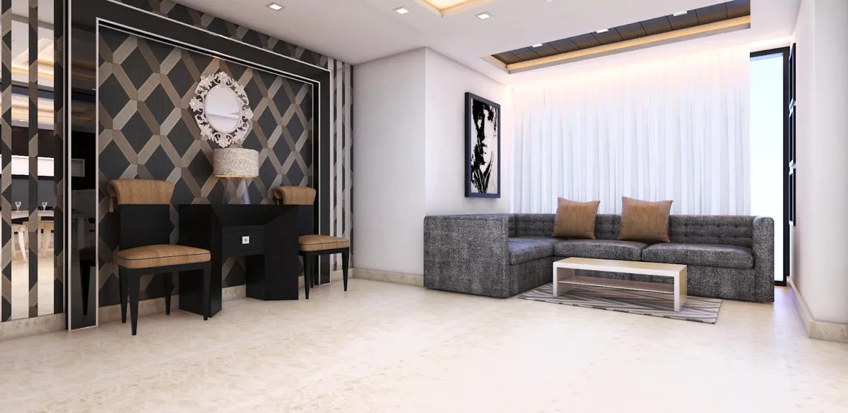 Render of a living room where a charcoal tweed L-sofa faces a bronze-and-charcoal interlocking-diamond feature wall holding an ornate white oval mirror over a