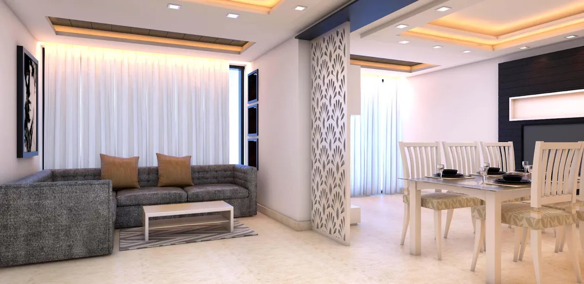 Rendered open-plan living and dining space with a grey sofa and mustard cushions beside a laser-cut floral partition screen dividing it from a dining table