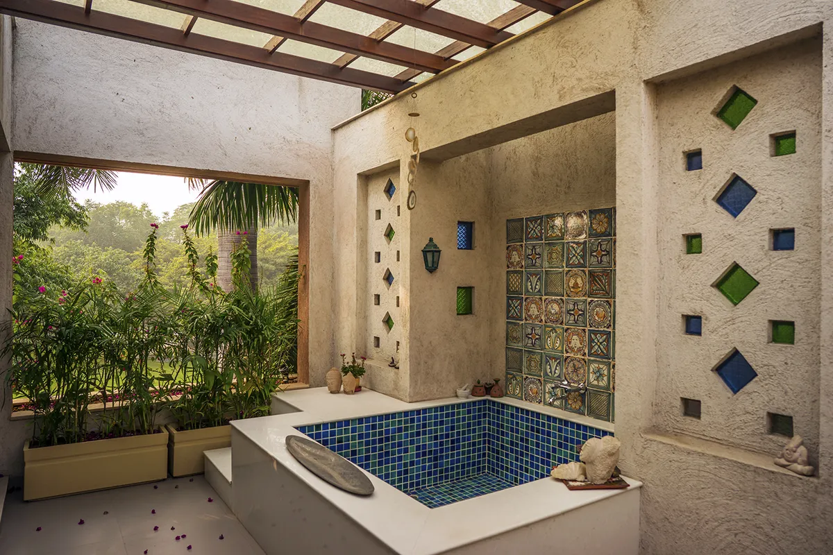 earthy boho bathroom with jaali — real Indian home