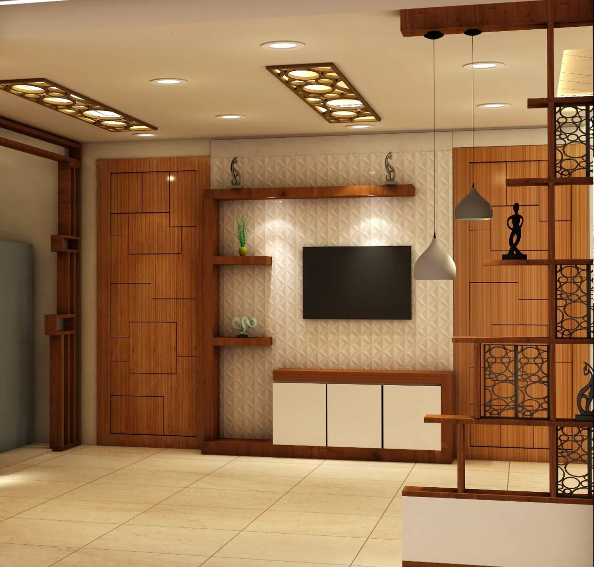 A render of a living room TV wall with a 3D textured tile backdrop, wood-framed geometric shelving, a circular-lattice jaali room divider