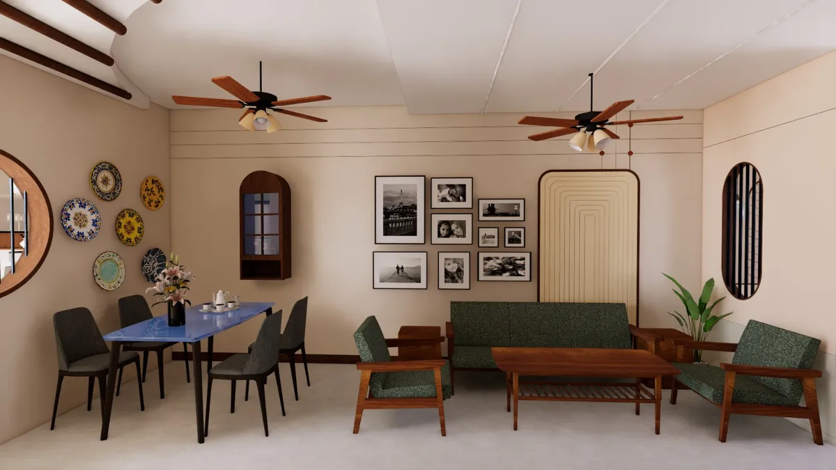 Render of an open living-dining space with mid-century wood-framed green sofas and armchairs, a blue-top dining table for six, a gallery wall of framed photos