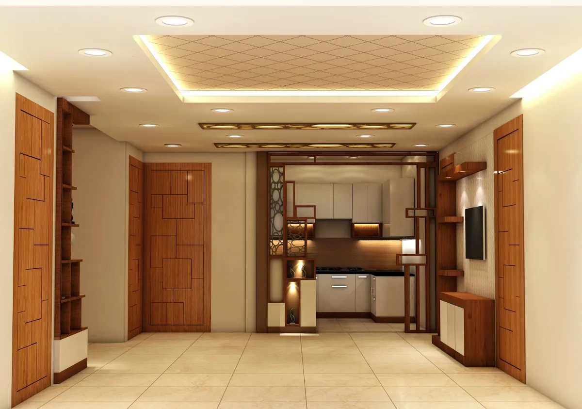 Render of a living room with a fretwork (jaali) wood partition dividing it from the kitchen beyond, a stepped trellis-patterned false ceiling