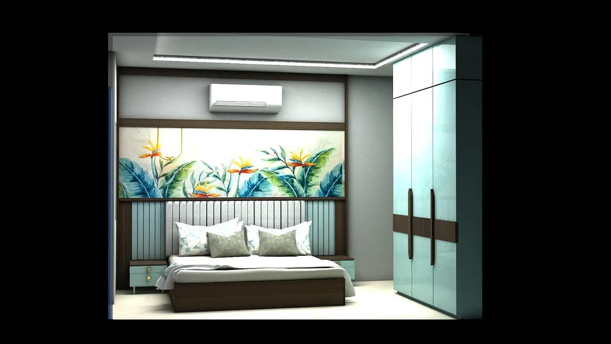 Render of a bedroom where a tropical bird-of-paradise mural runs above a grey fluted headboard, facing a four-door mint-glass wardrobe