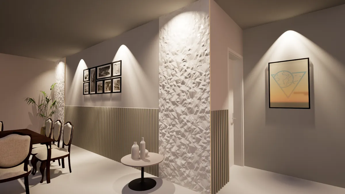 A render of a dining nook with carved wood dining chairs beside a gallery wall of framed photos and a faceted 3D textured feature wall leading to a hallway.