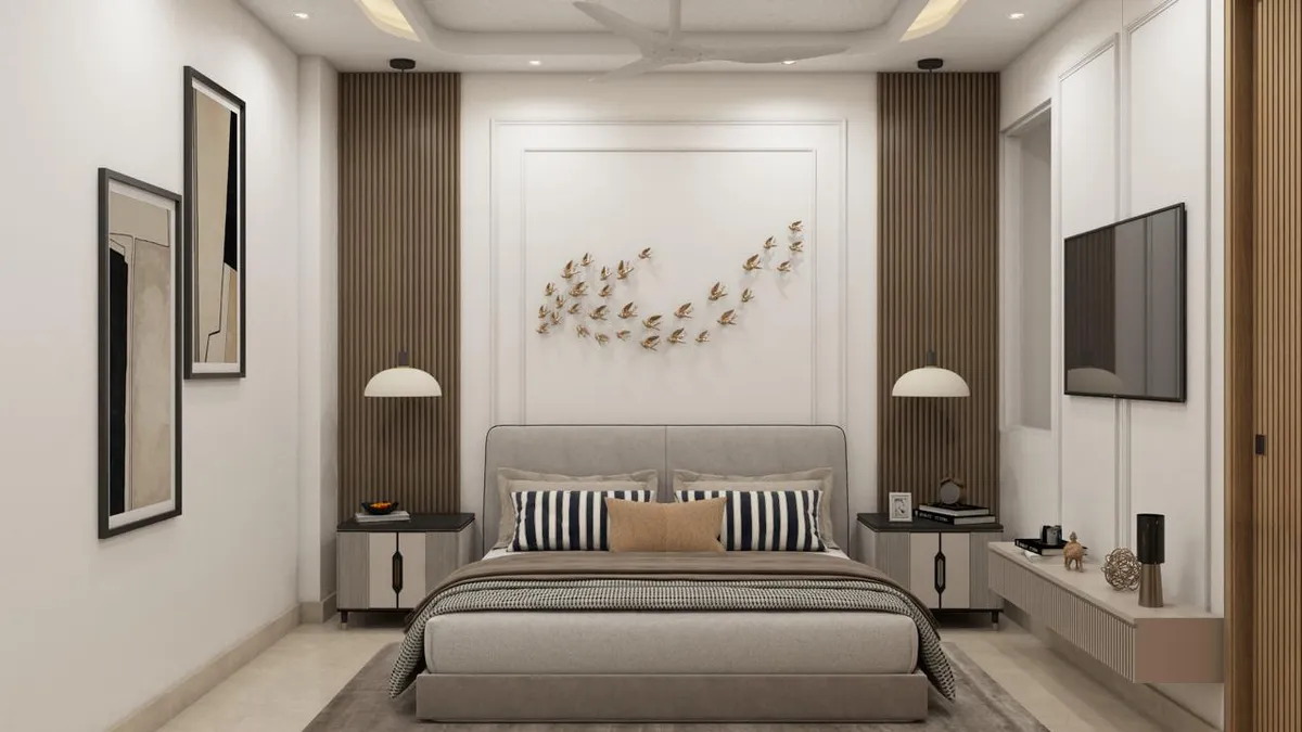 Render of a symmetrical bedroom with fluted walnut panels flanking a white moulded headboard bay