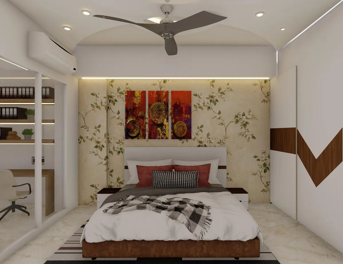 Render of a bedroom with cream floral-trail wallpaper behind a white platform bed, a red-and-gold abstract triptych over the headboard
