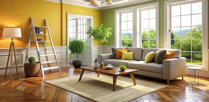 A living room with mustard-yellow and olive two-tone walls, a herringbone wood floor, a grey sofa with mustard and orange cushions