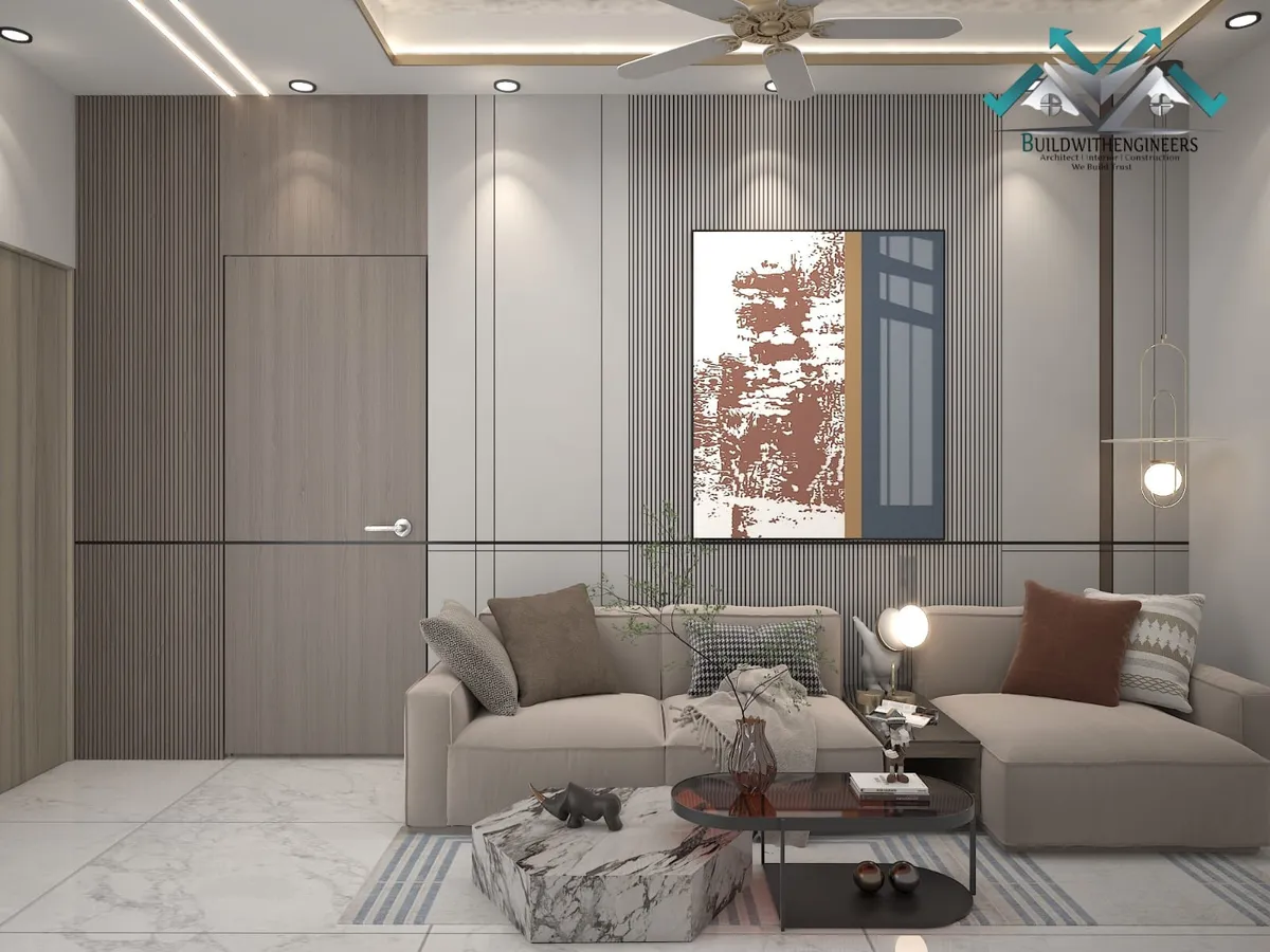 Render of a living room with a beige L-shaped sofa set against a floor-to-ceiling fluted panel wall, a tall rust-and-navy abstract canvas centred above it
