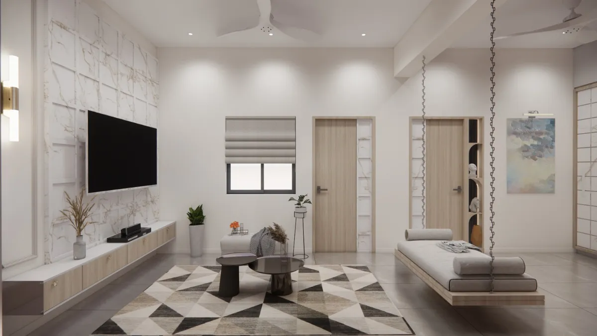 Render of a living room with a white marble-look tiled TV wall, a chain-hung wooden swing daybed against the far wall and a black-and-grey triangle-pattern rug.
