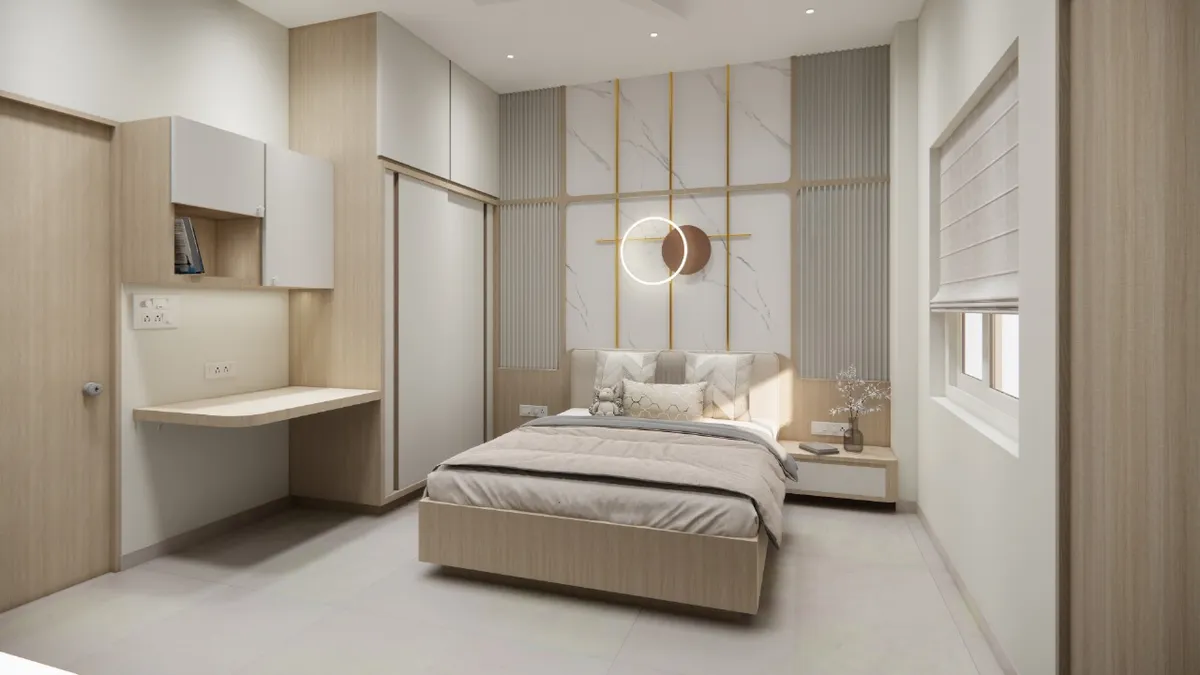 Render of a compact oak-and-beige bedroom where a brass grid with a lit ring and bronze disc sits on a marble-look headboard panel between two grey fluted