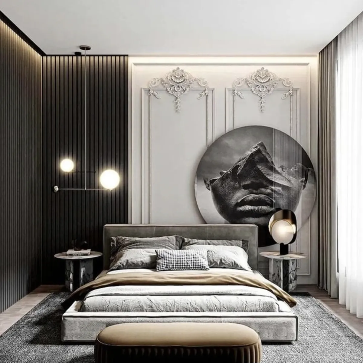 Render of a monochrome bedroom where a black fluted slat wall meets a white moulded panel wall with rococo appliques