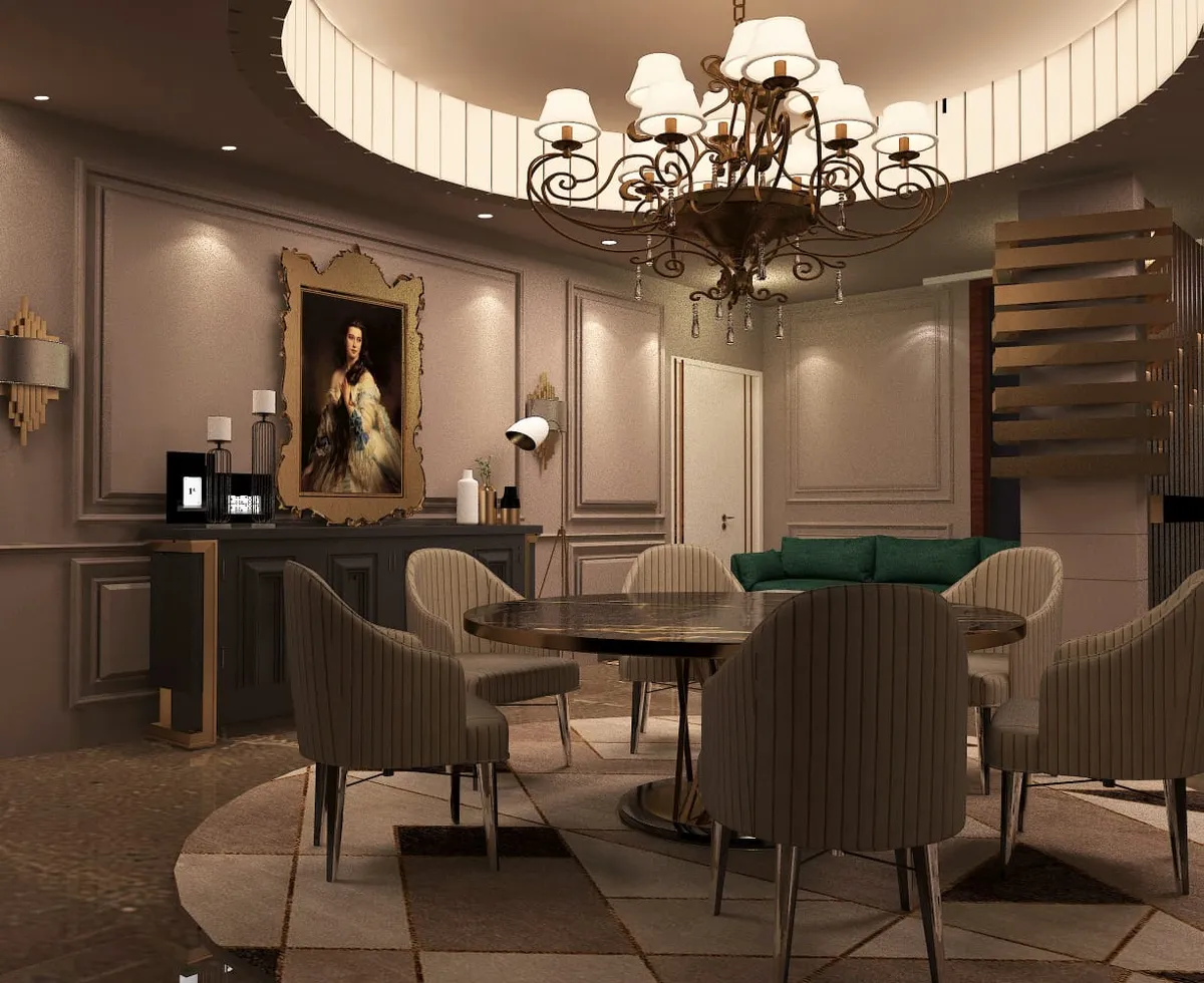 Render of a formal dining room: a round bronze-rimmed marble table with eight fluted taupe chairs under a scrolled wrought-iron candle chandelier