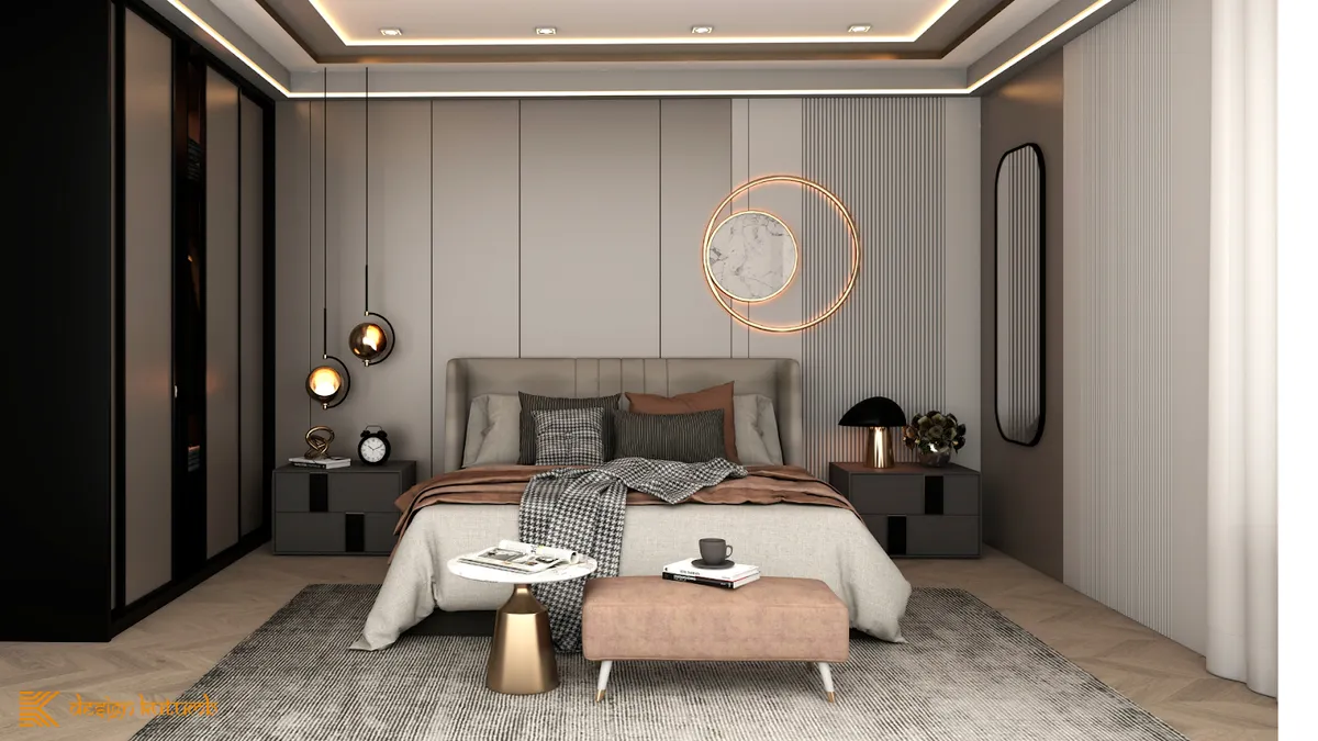 Render of a master bedroom with a channel-panelled upholstered headboard wall, a backlit round mirror art piece, black pendant lights