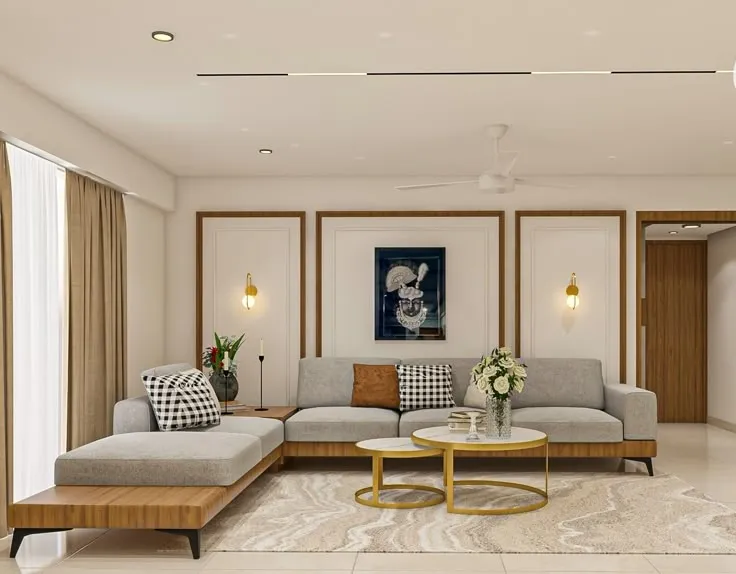 Render of a living room with three teak-beaded wall frames behind a dove-grey L-sofa on a wood plinth