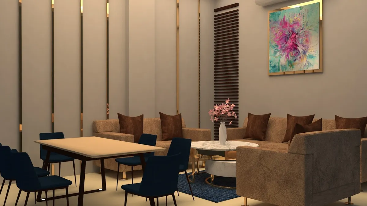 Render of a living-dining where two beige fabric sofas with brown cushions ring a two-tier round marble coffee table