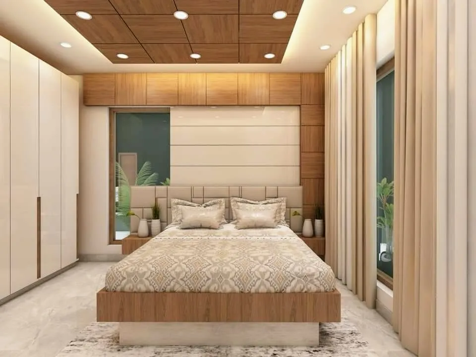 Render of a bedroom under a coffered wood-plank ceiling grid, with a veneer headboard wall of cream upholstered panels, a chunky timber platform bed