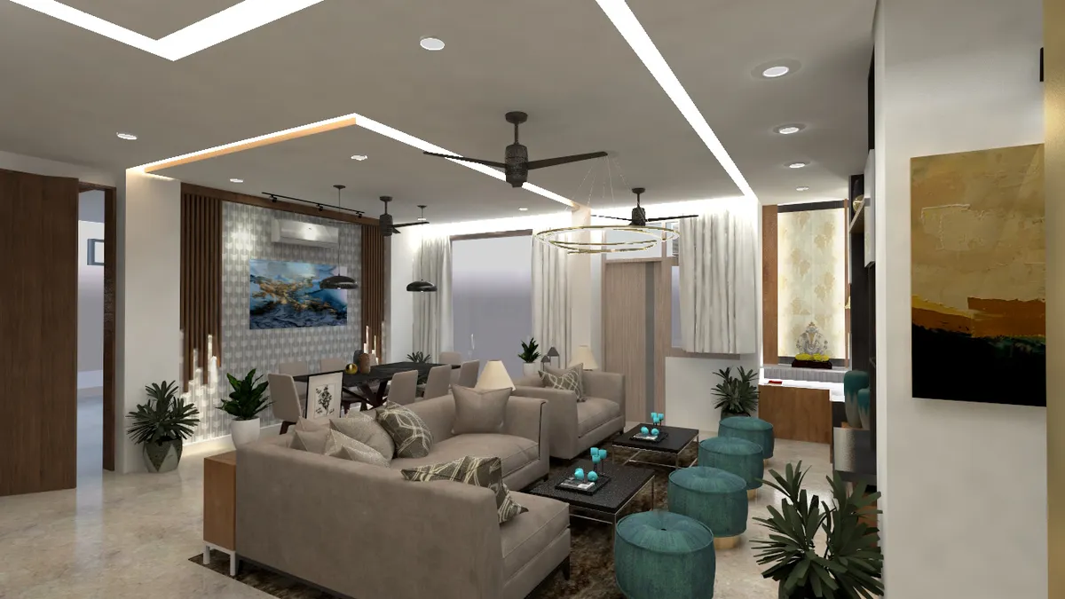 Render of an open living space with a taupe sectional sofa, twin black coffee tables and teal velvet poufs, a fluted-wood accent wall with framed art