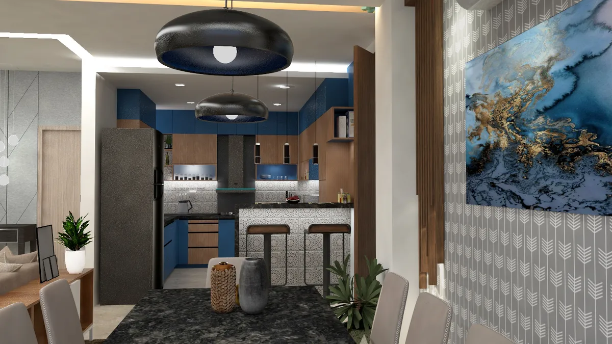 Render of an open-plan kitchen and dining area with navy-blue and wood-tone kitchen cabinetry, two dome pendant lights over a breakfast counter