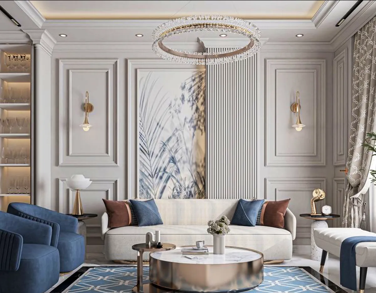 Render of a grey panelled living room with a crystal ring chandelier over a curved cream sofa, blue velvet tub chairs