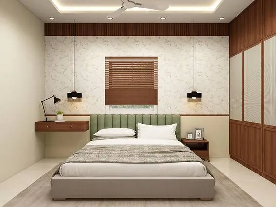 Small render of a bedroom with a sage channel-tufted headboard flanked by two black cylinder pendants on long drops, floating walnut bedside ledges