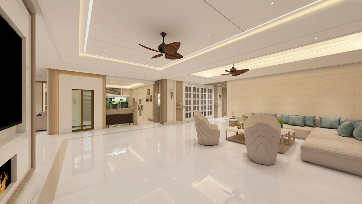Render of a wide beige living hall under a stepped cove-lit ceiling with two dark wooden fans