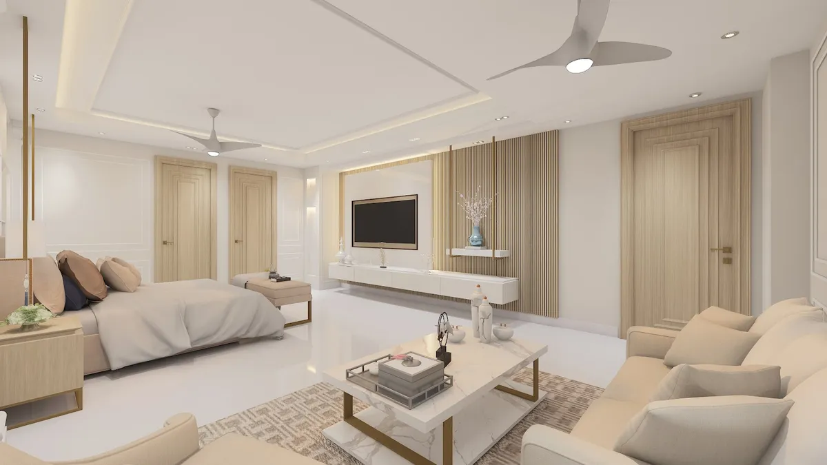 Render of an oversized bedroom suite where the bed and a foot-of-bed bench sit against a moulded white wall