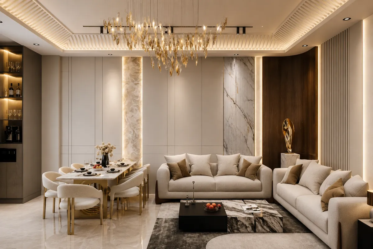 Render of a living-dining where a long amber-glass leaf chandelier hangs over a book-matched marble slab and fluted walnut feature wall