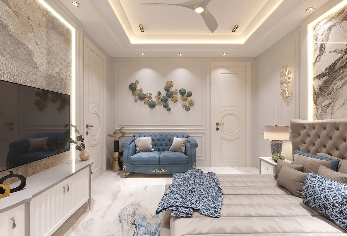 Render of a luxury master bedroom with a marble-clad feature wall, raised panel wall moulding, a cove-lit stepped ceiling