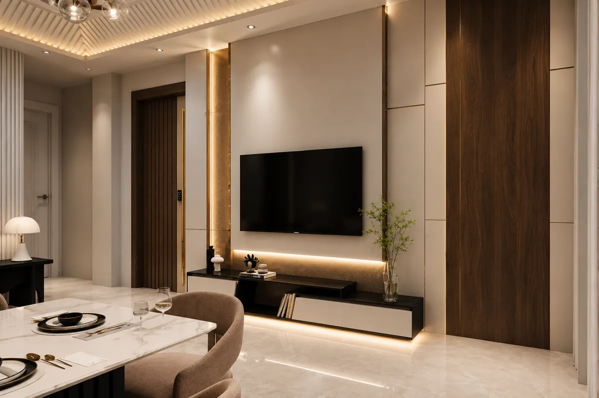 Render of a TV wall in ivory PU panels split by thin brass inlay lines and a walnut flank panel