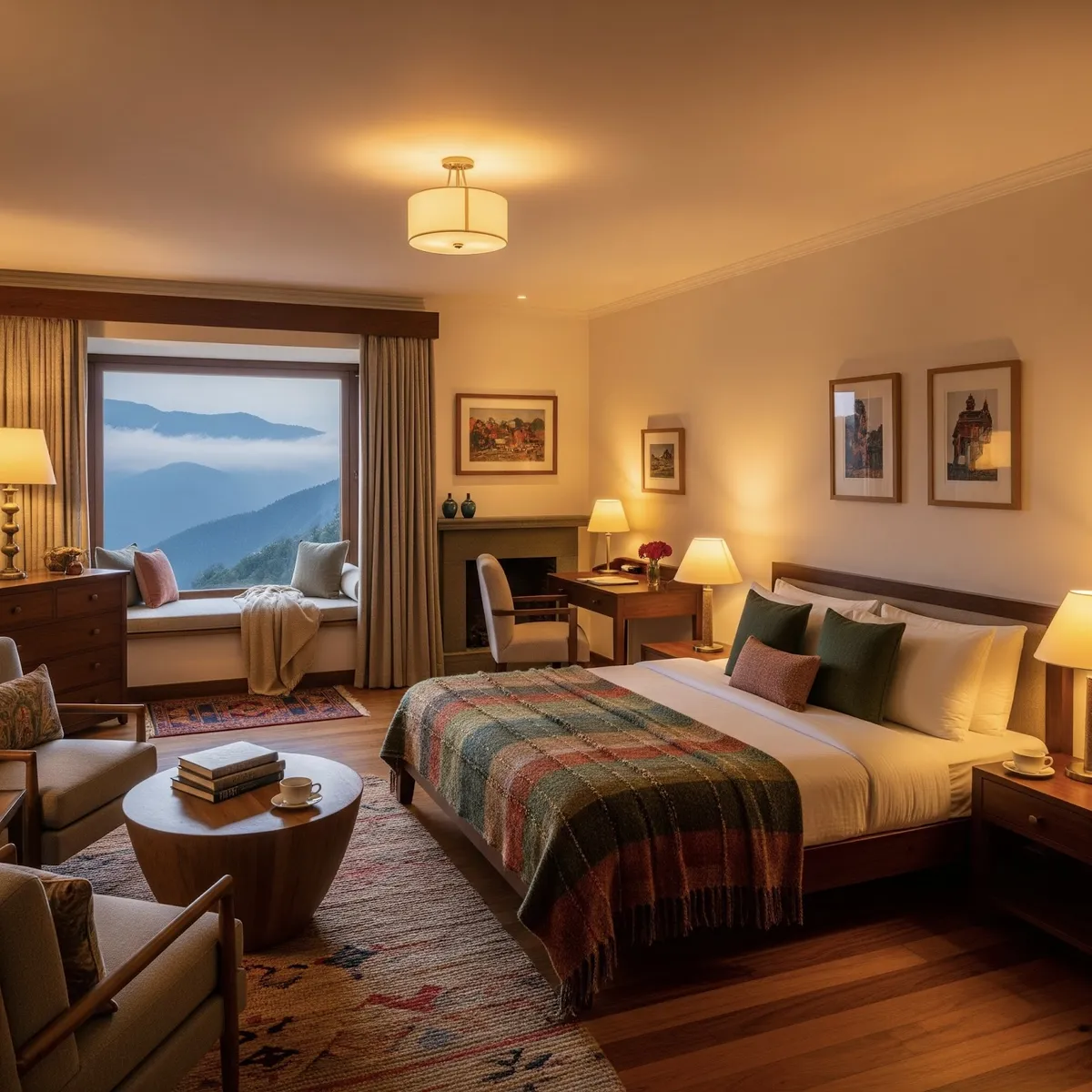 Render of a hill-house bedroom at dusk — a tartan throw over the bed, a cushioned window seat looking out at fog rolling over the ridge